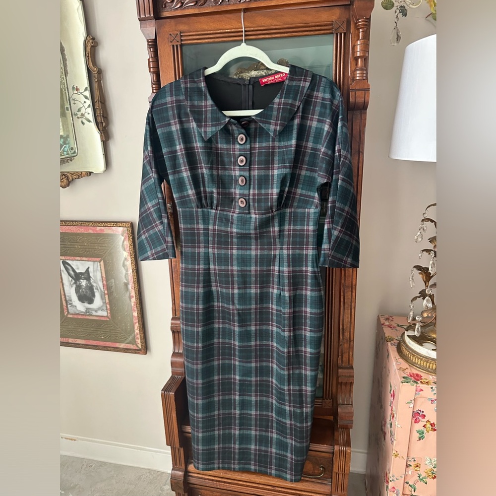 British Retro Green Plaid Vintage-style Dress - UK size 10